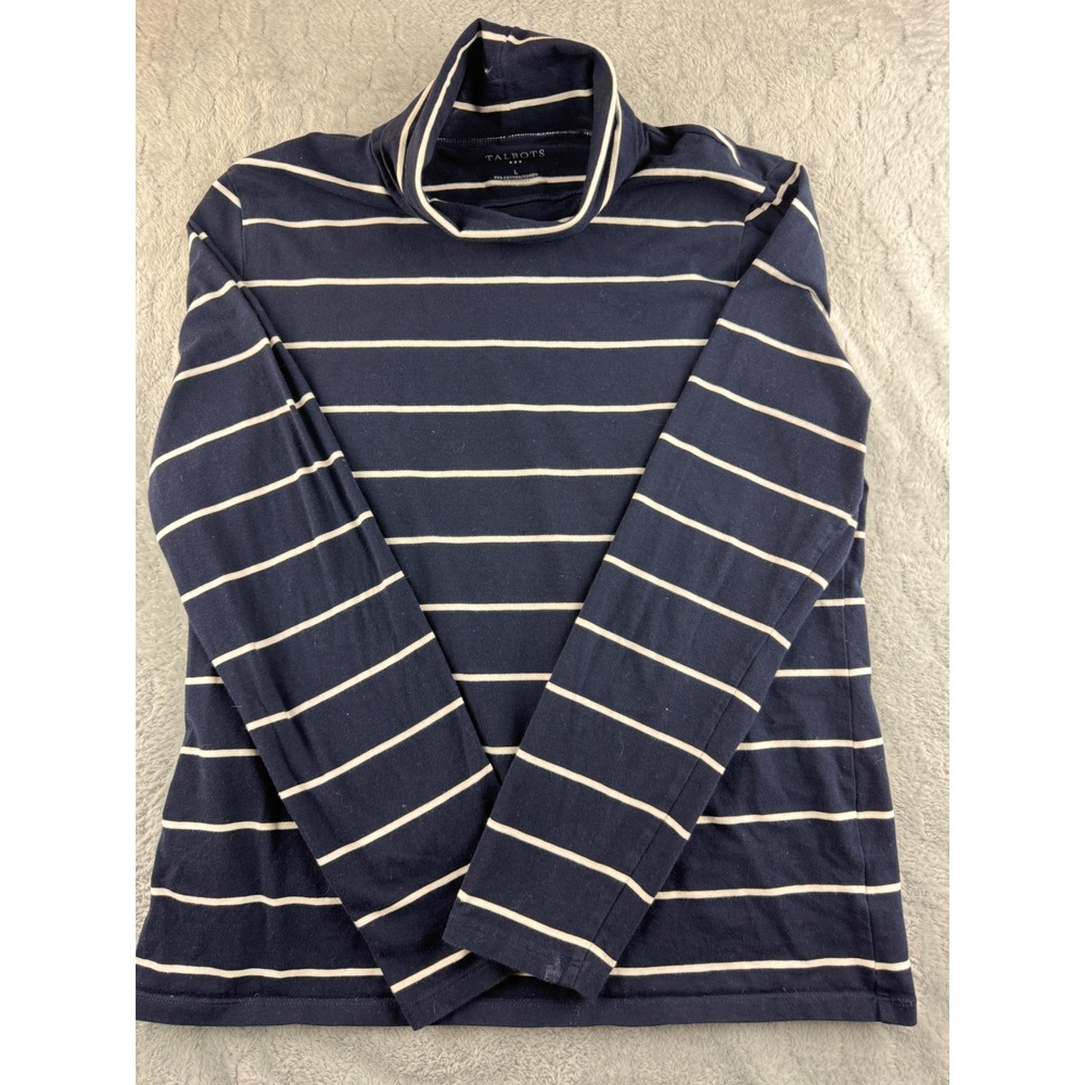 Talbots Women's Navy White Stripe Turtleneck Long Sleeve Cotton Blend Top Size L
